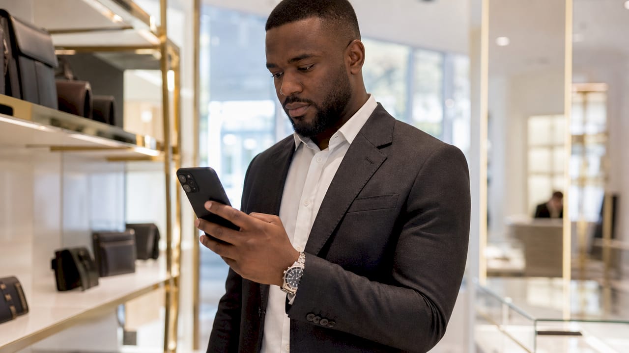 Close-up of hands with luxury smartphone and watch