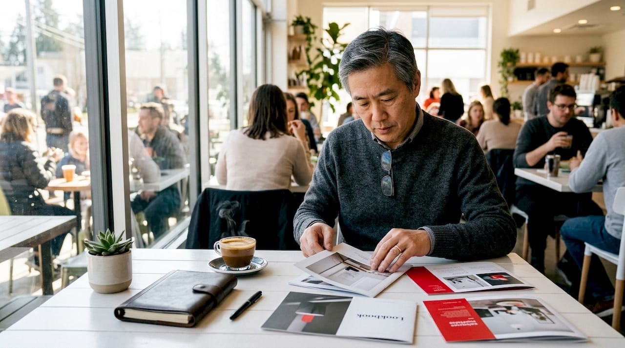 Man curating luxury marketing materials in loft workspace
