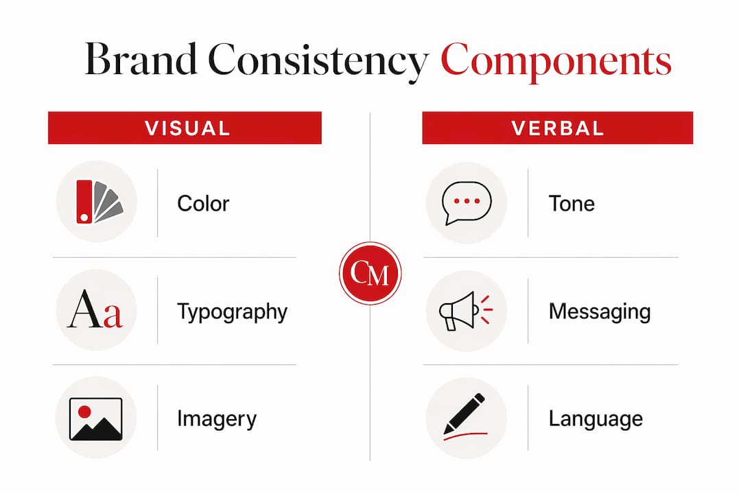 Why Brand Consistency Matters for Marketing Pros Infographic illustrating visual and verbal brand consistency components