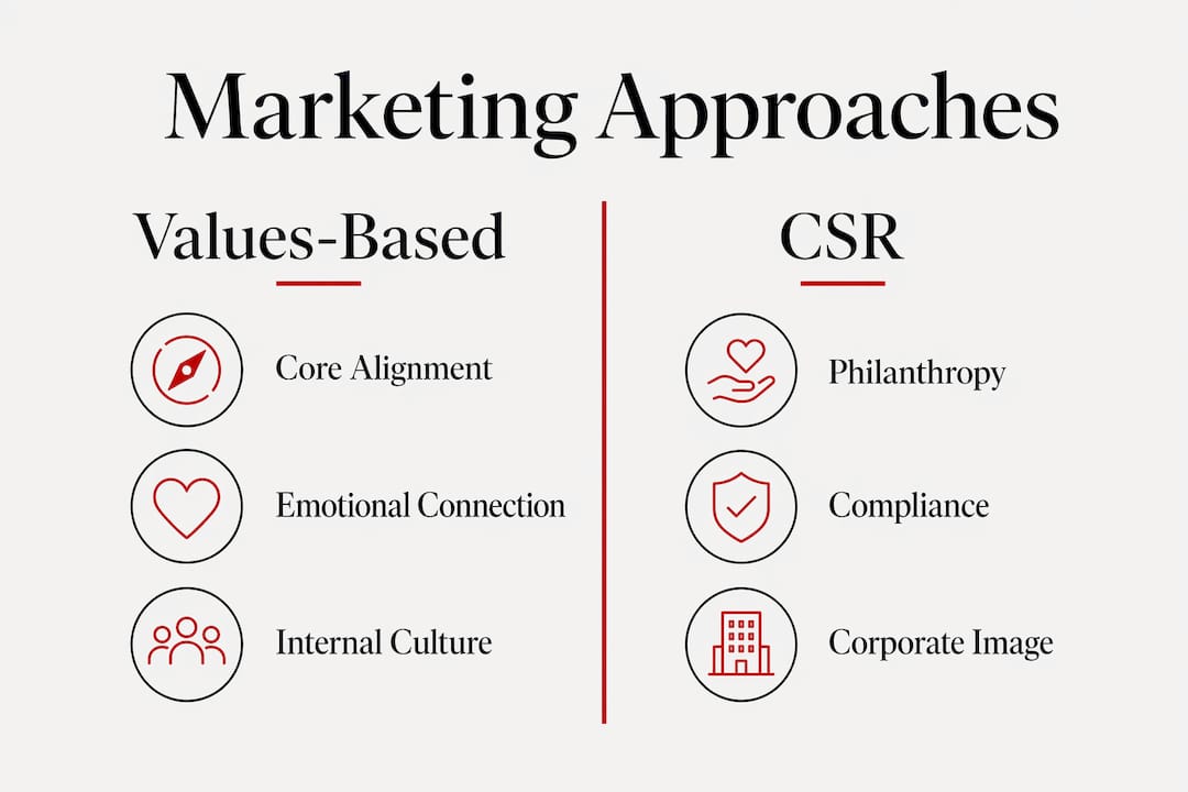 What Is Values-Based Marketing? A 2026 Guide Infographic comparing values-based marketing and CSR