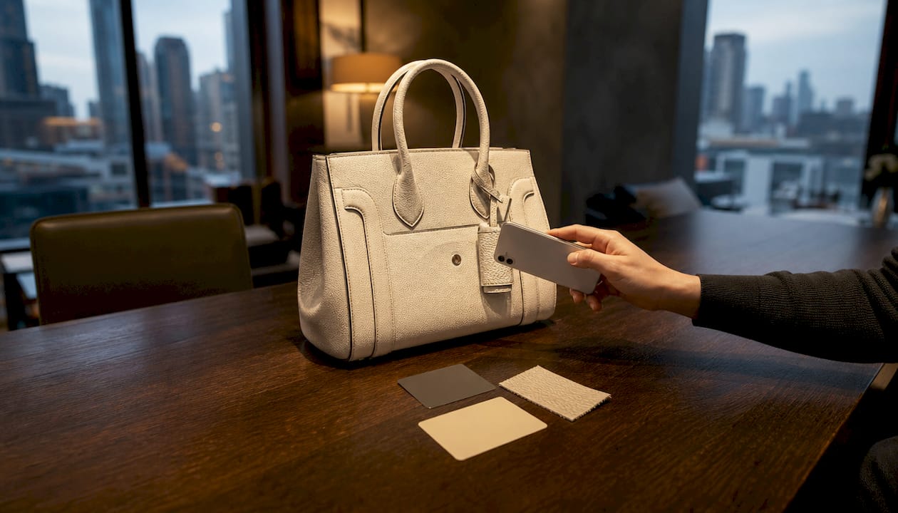 How to Validate a Luxury Brand Concept That Sells Hands scanning NFC chip on luxury handbag prototype