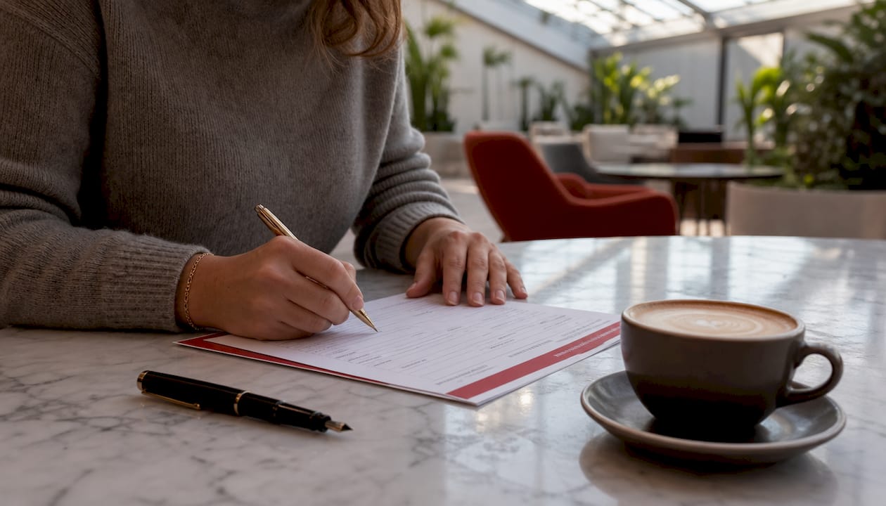 Hands filling out brand application form
