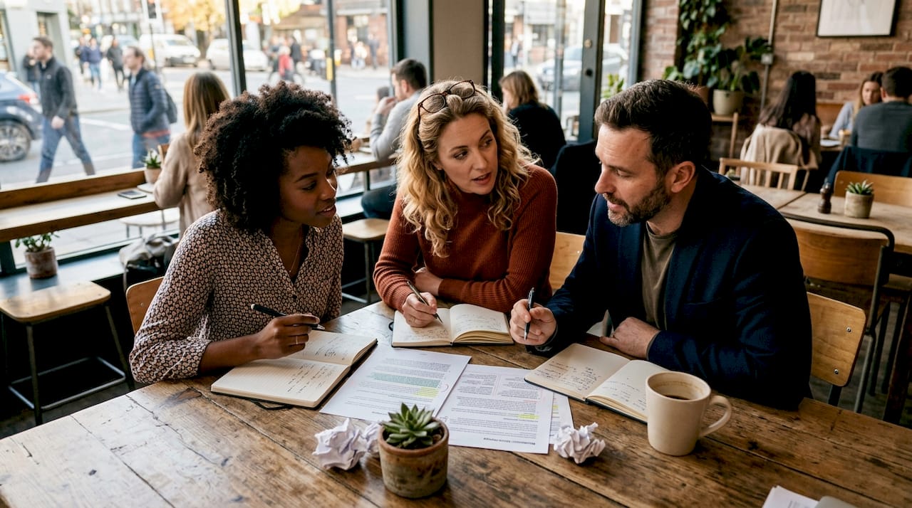 How to Craft a Brand Manifesto That Actually Works Team discussing brand manifesto drafts at table
