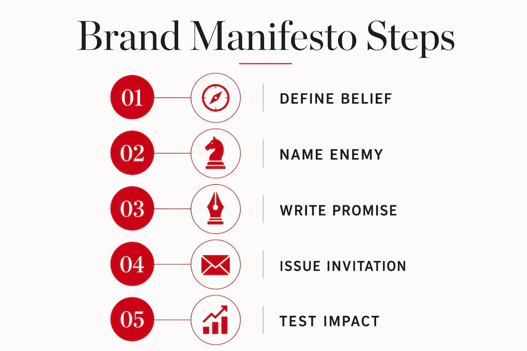 How to Craft a Brand Manifesto That Actually Works Infographic illustrating brand manifesto writing steps