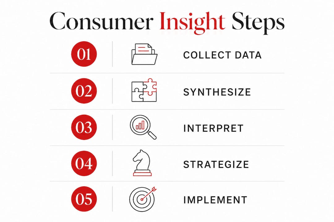 Consumer Insight in Marketing: What It Really Means Vertical infographic depicting consumer insight steps