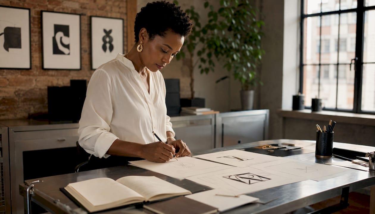 Small Business Luxury Positioning Roadmap for 2026 Designer sketching luxury brand logos