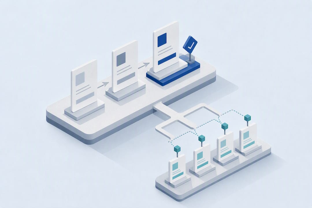 Isometric illustration of governed knowledge lifecycle