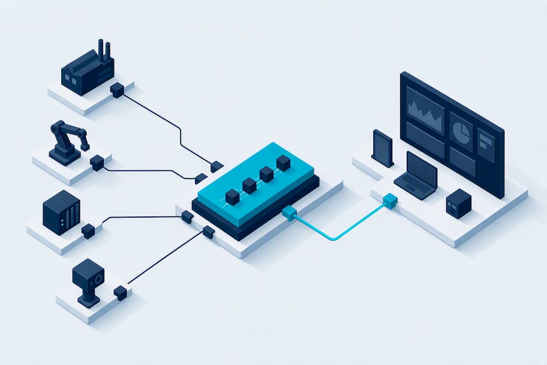 Isometric MQTT data architecture title card