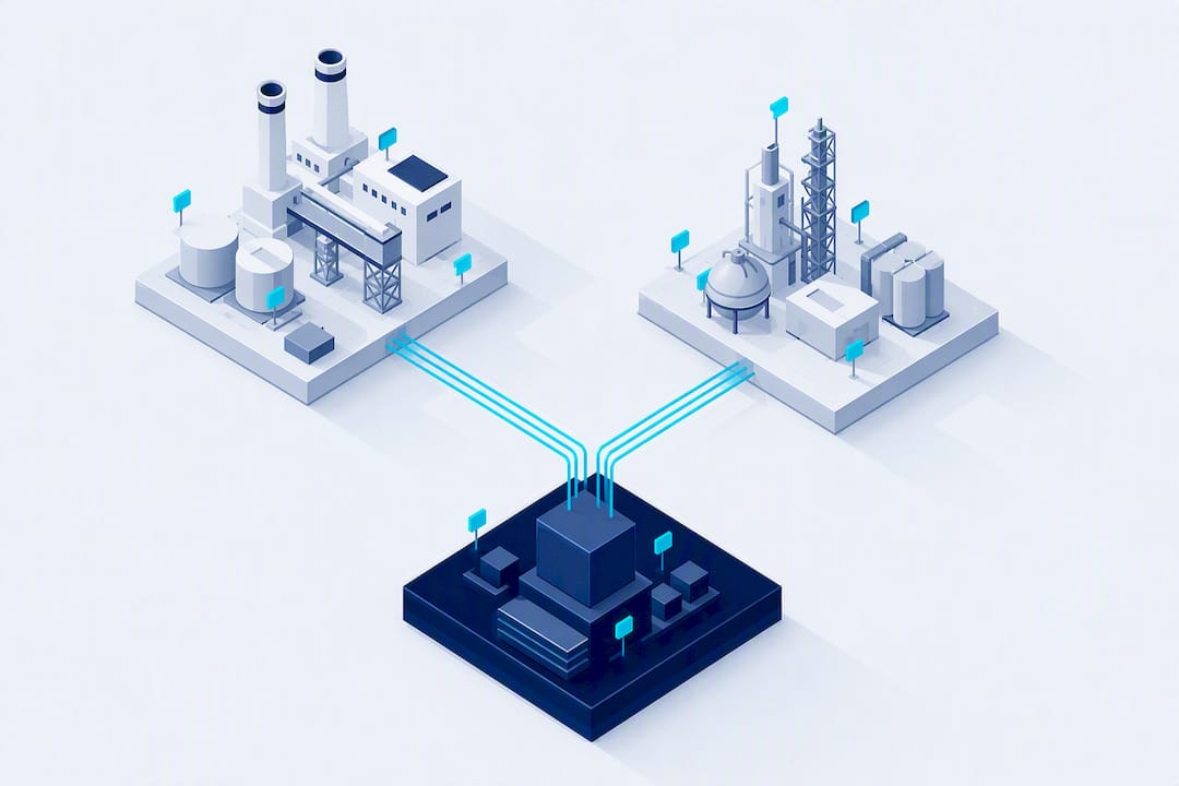 Isometric illustration of connected operational twin platforms