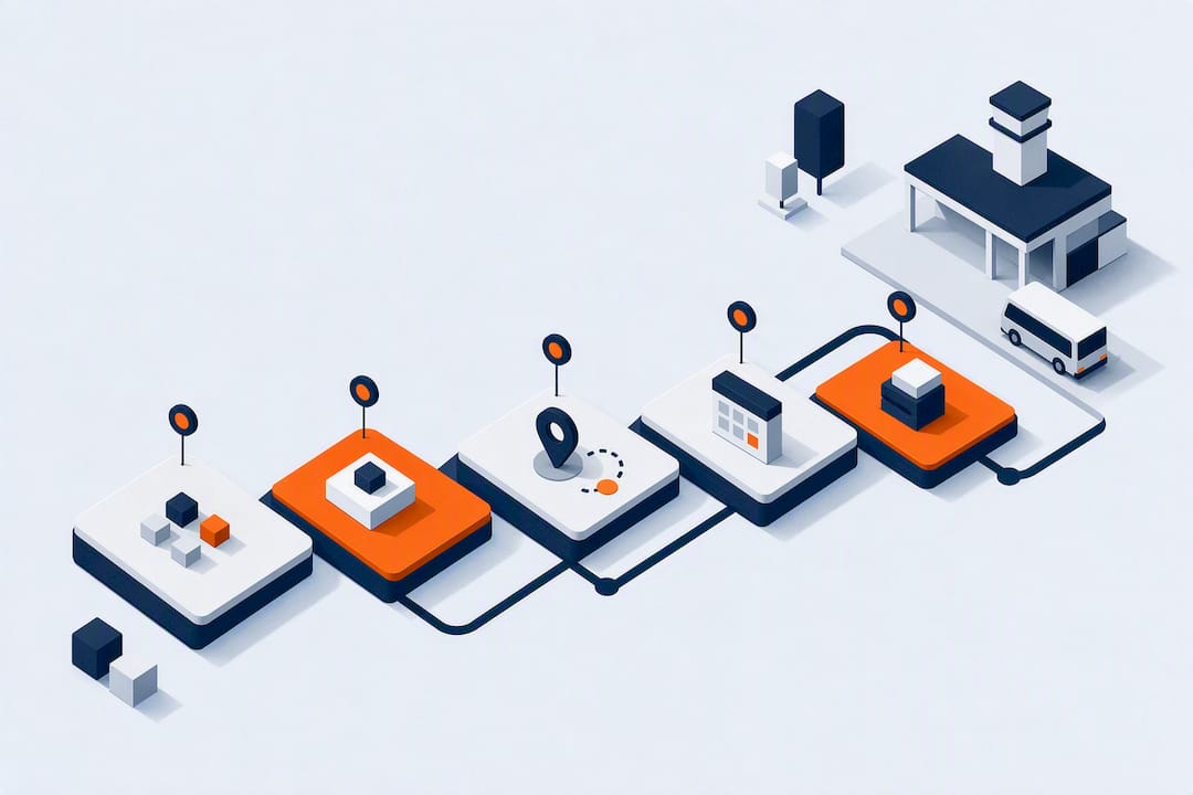 Geometric five-step group transfer checklist illustration