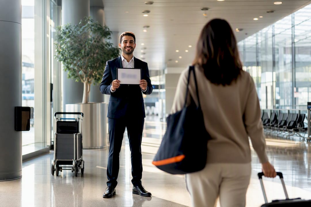 Driver holding airport pickup name board