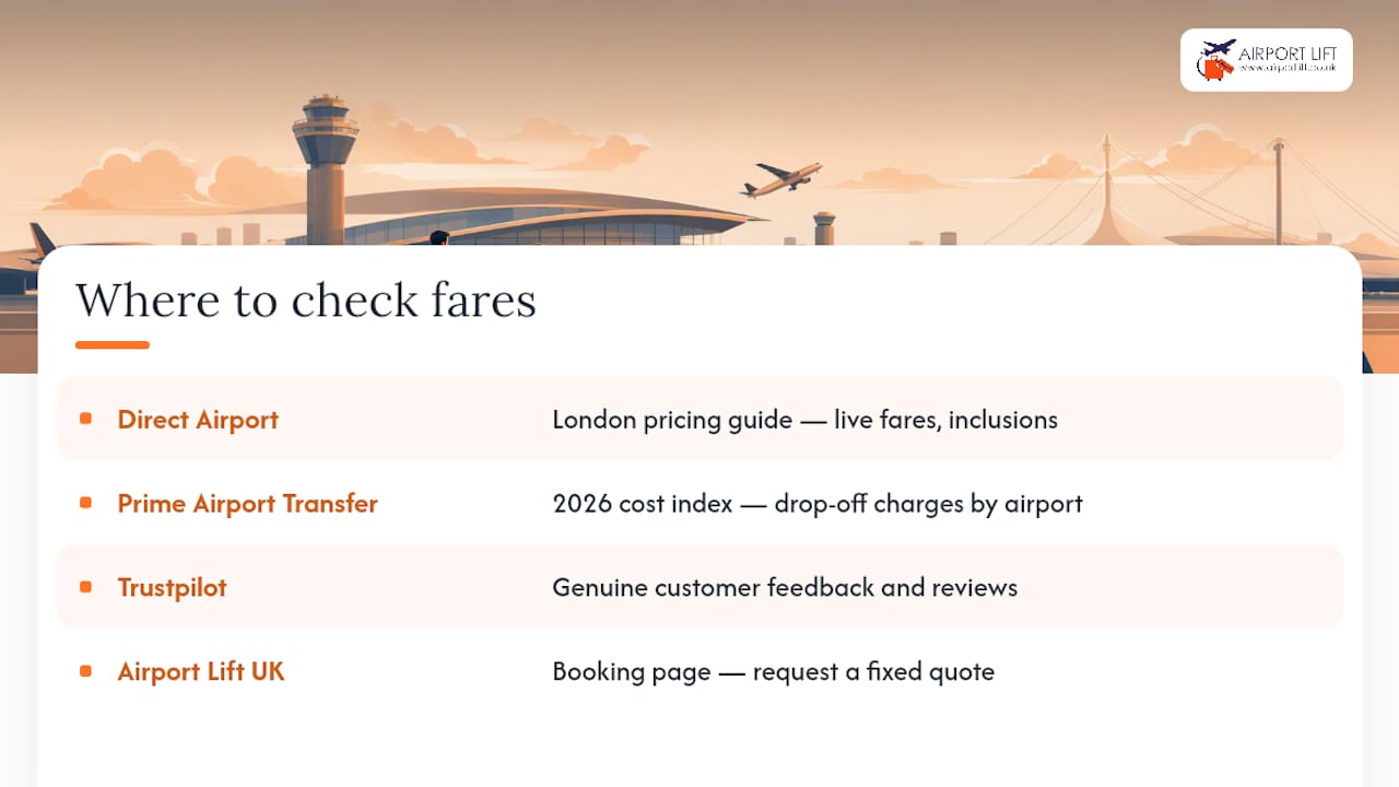 Where to check live fares and airport charges — overview diagram