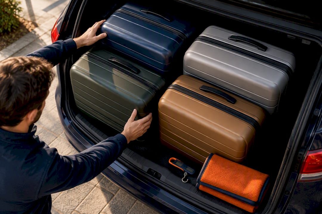 Four suitcases being checked at vehicle boot