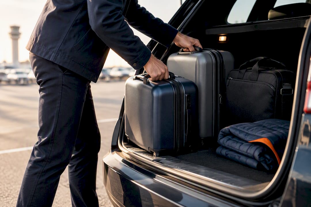 Suitcases being loaded into airport transfer vehicle