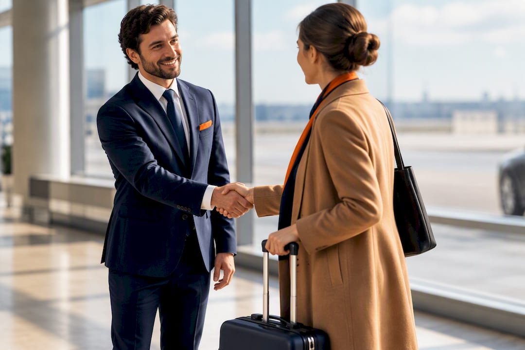 Chauffeur greeting traveller at airport arrivals