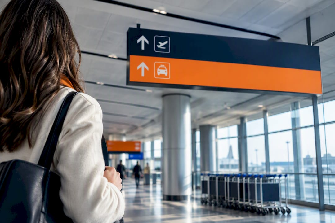 Traveller following airport wayfinding signs