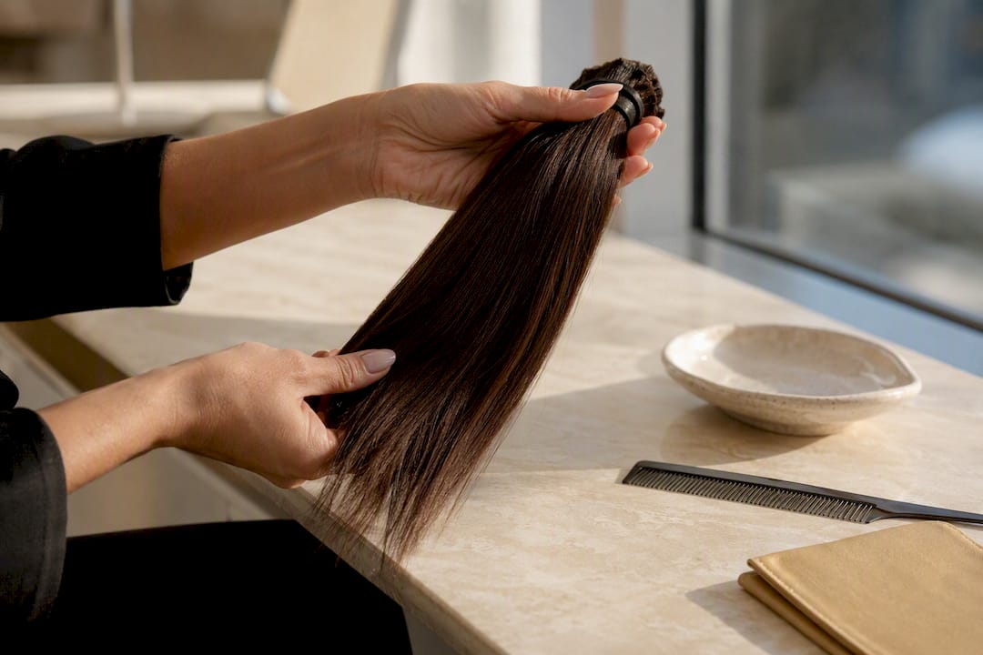 Hands checking weft length consistency