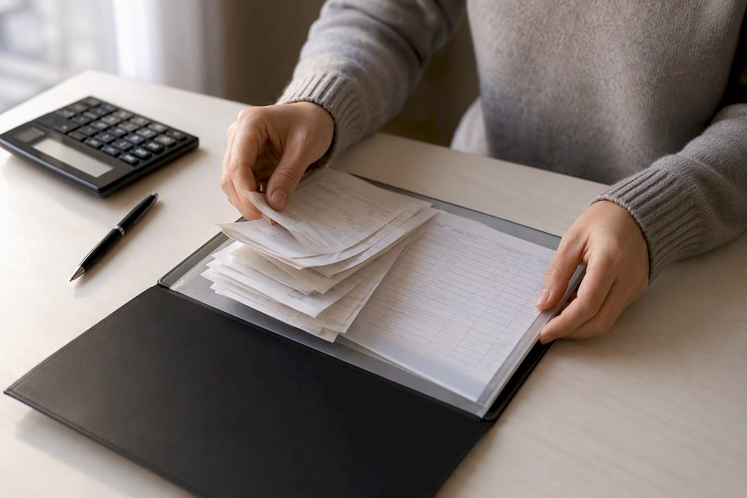 Hands organizing rent payment records