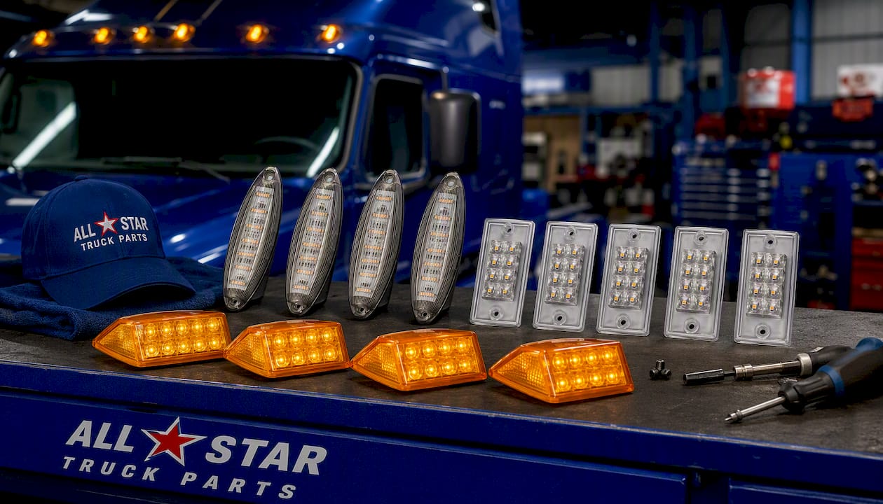 5pc Amber/Smoke/Clear Lens Yellow 12 LED Top Cab Marker Roof Running Lights Lamps Assembly Replacement for Freightliner Cascadia 2008-2019 Heavy Duty Truck Cab Lights, Flange Mount, 6"x2"