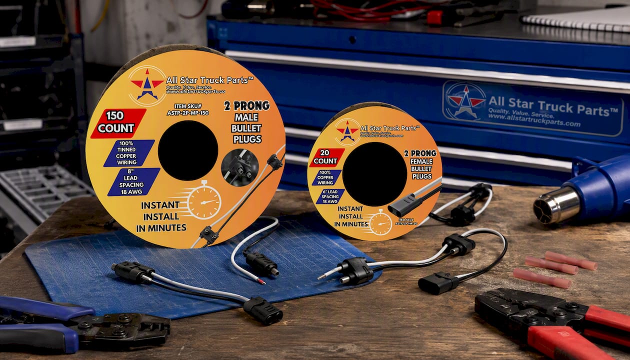 Double Male Bullet Plugs 2 Prong Continuous Wire Harness Roll for Side Clearance Marker Light,150 Male Plugs, 8" Lead Between Plugs, 100% Tinned Copper Wiring, 18AWG, Weatherproof