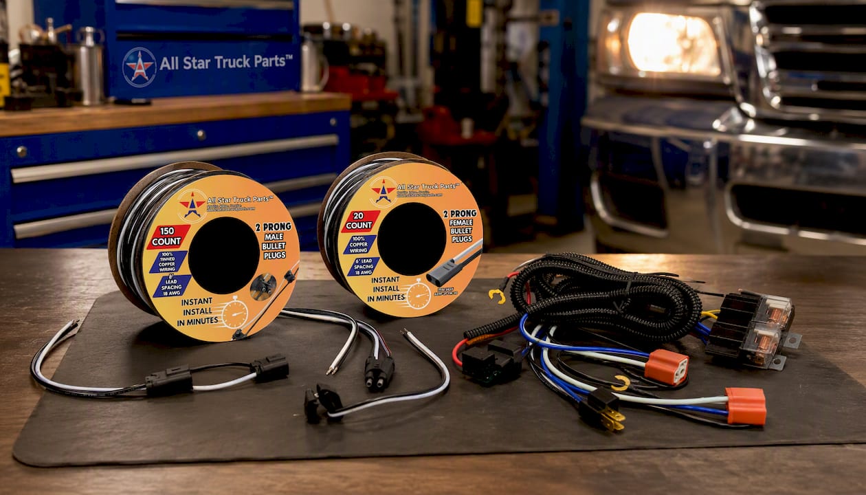 Double Male Bullet Plugs 2 Prong Continuous Wire Harness Roll for Side Clearance Marker Light,150 Male Plugs, 8" Lead Between Plugs, 100% Tinned Copper Wiring, 18AWG, Weatherproof
