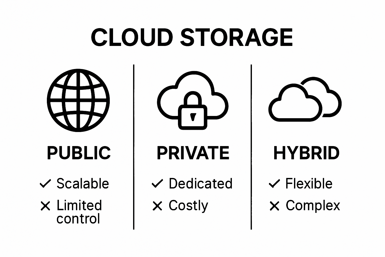 Comparison of public, private, and hybrid cloud storage types for businesses