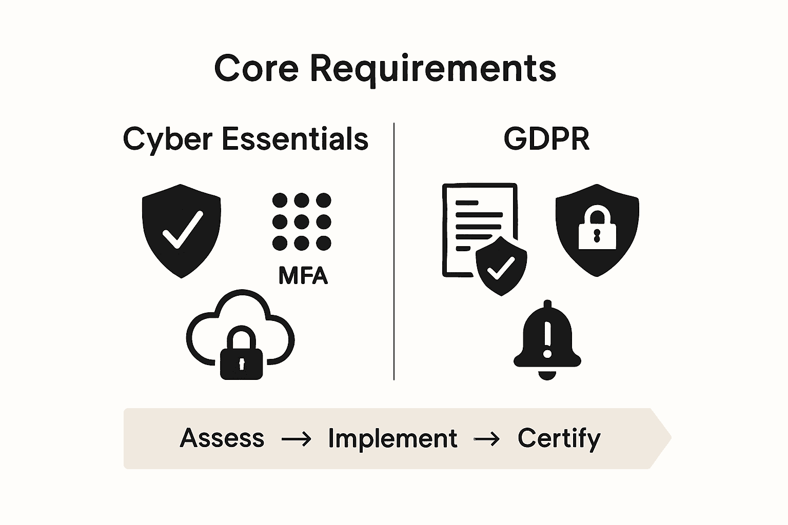 Infographic comparing Cyber Essentials and GDPR requirements for UK cloud security compliance