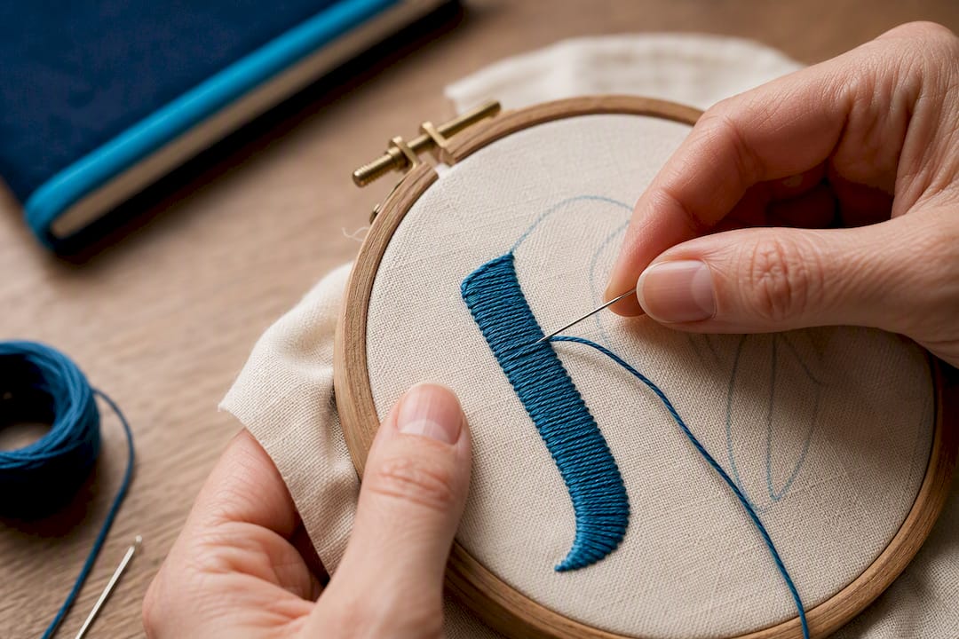 Hands stitching satin-filled embroidered letter