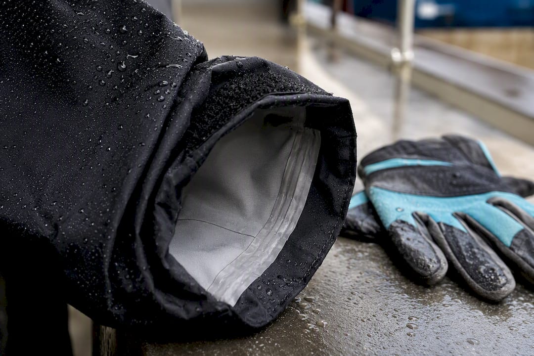 Rain beading on a taped garment seam