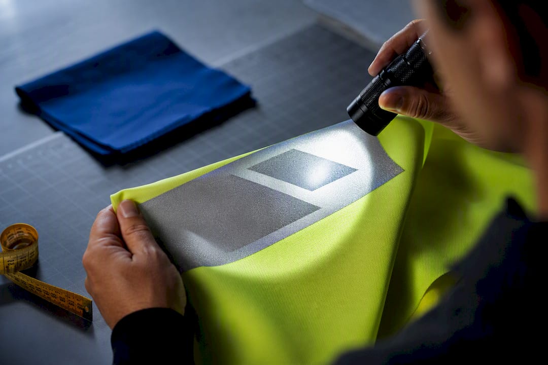 Reflective fabric sample checked under torchlight