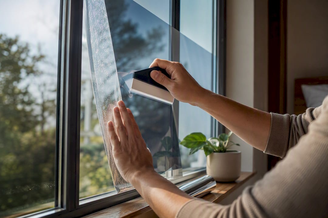 Hands applying reflective film to bedroom window