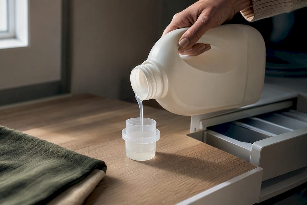 Hand measuring concentrated laundry detergent