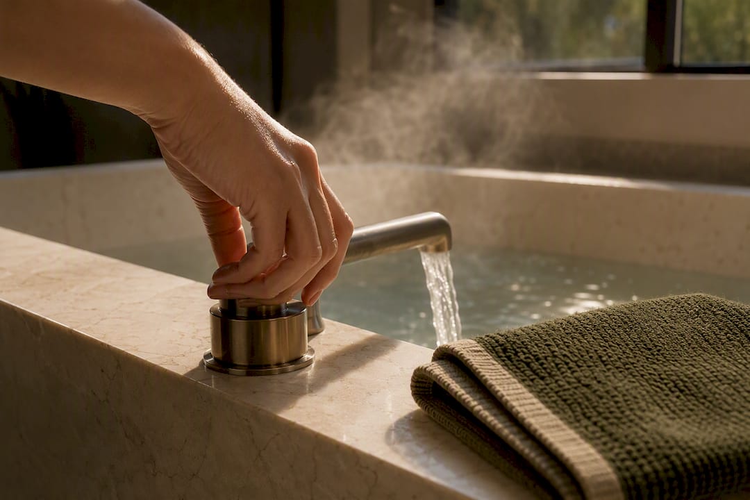 Hand turning off warm bath faucet