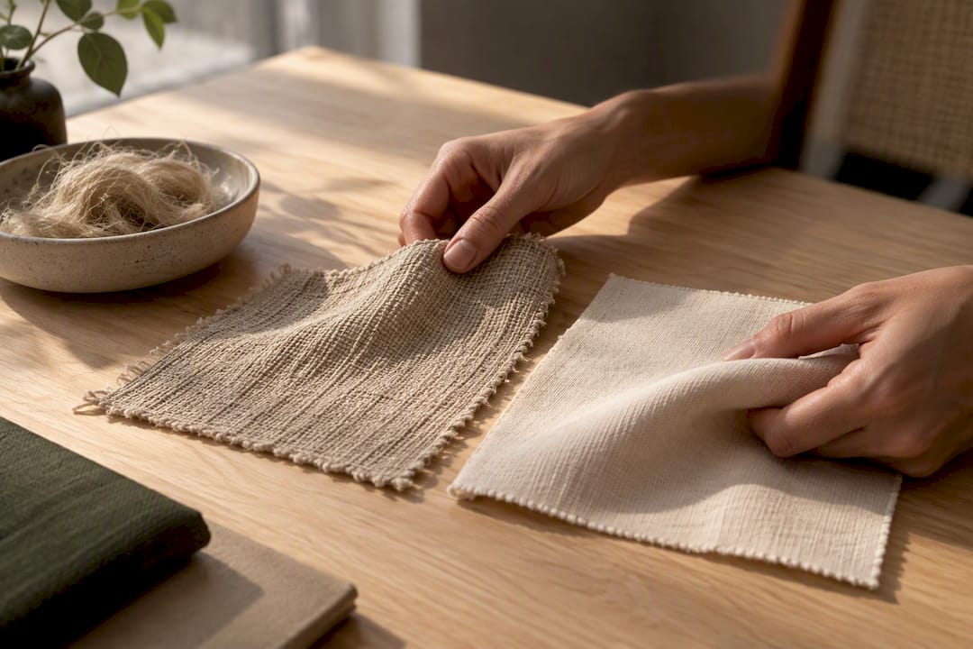 Hands comparing hemp and cotton fabric textures