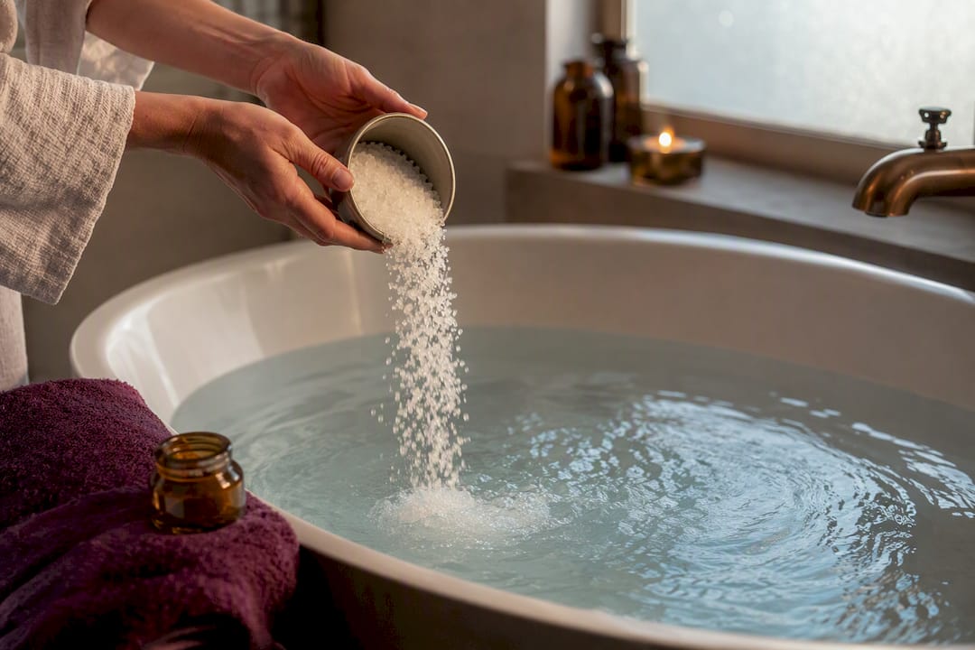 Hands adding sea salt to bathwater