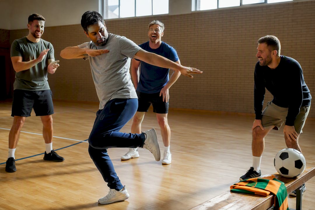 Friends completing a playful dance forfeit