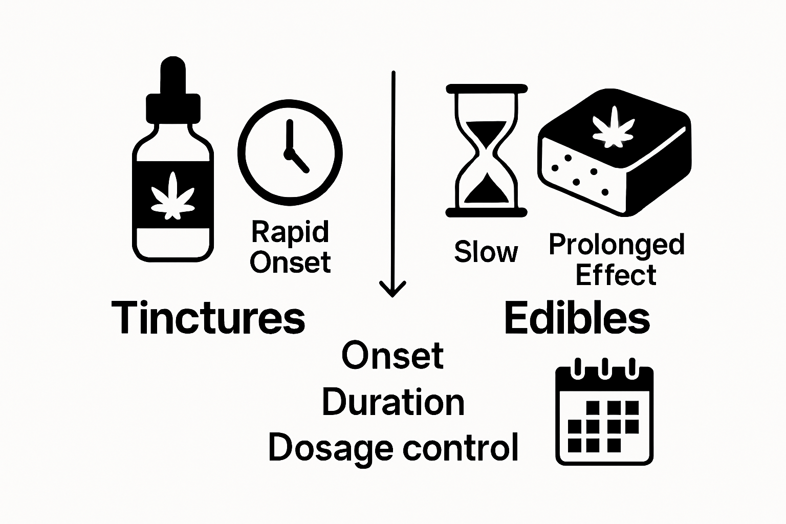 Infographic showing tinctures vs edibles key differences (onset, dosage, duration)
