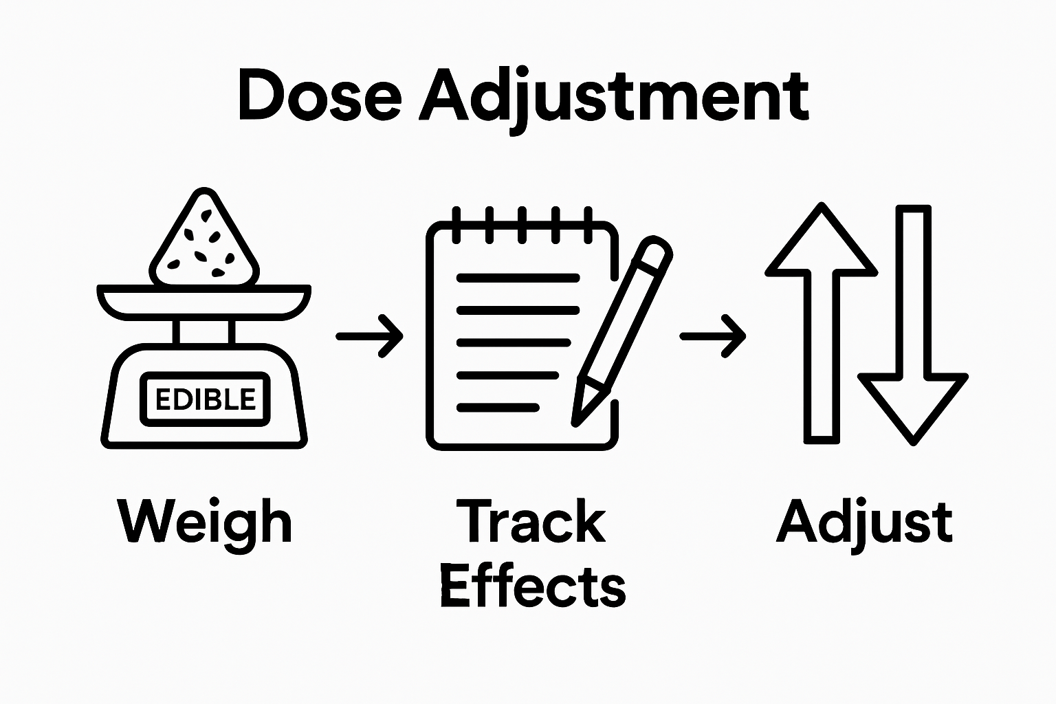 Three-step edible dosing workflow with icons for dosing, tracking, and adjusting