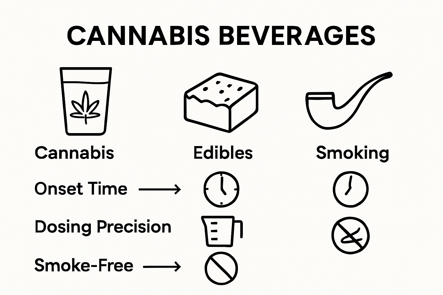 Infographic comparing cannabis beverage, edibles, and smoking by onset time and dosing precision