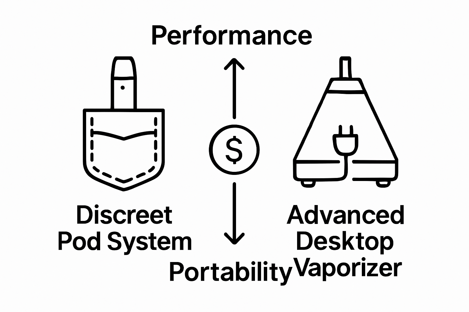 Infographic comparing discreet pod system and advanced desktop vaporizer
