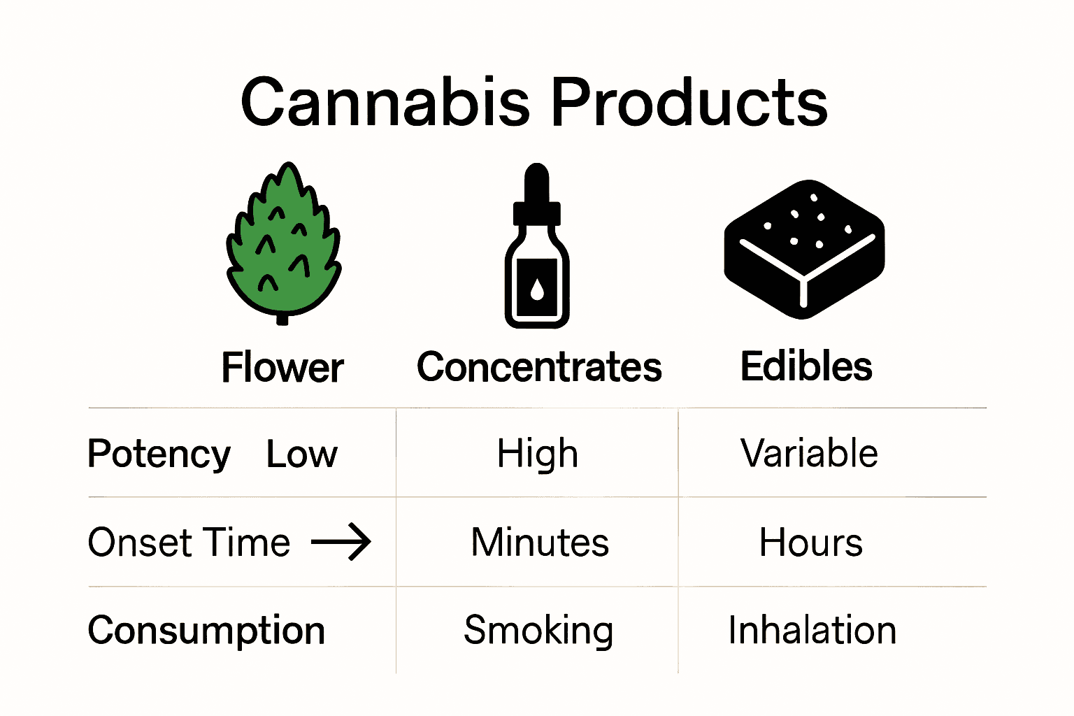 Infographic comparing cannabis flower, concentrates, and edibles with icons and key features.