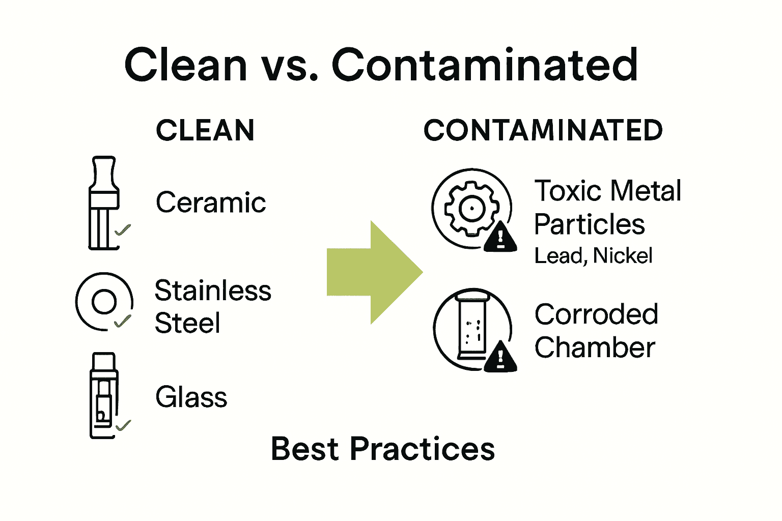 Infographic comparing safe regulated vape components versus contaminated ones.