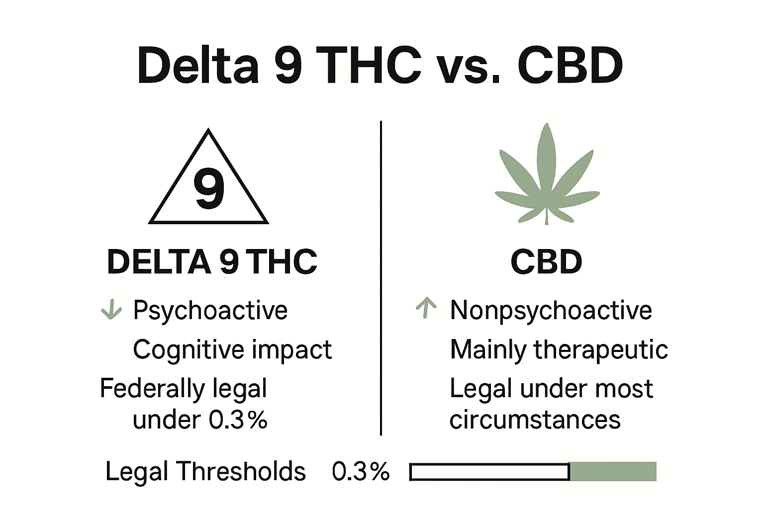 Infographic comparing Delta 9 THC and CBD: key effects and legality differences