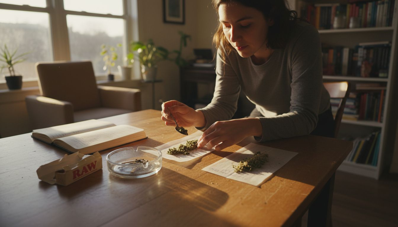 Woman blending cannabis strains with rolling papers