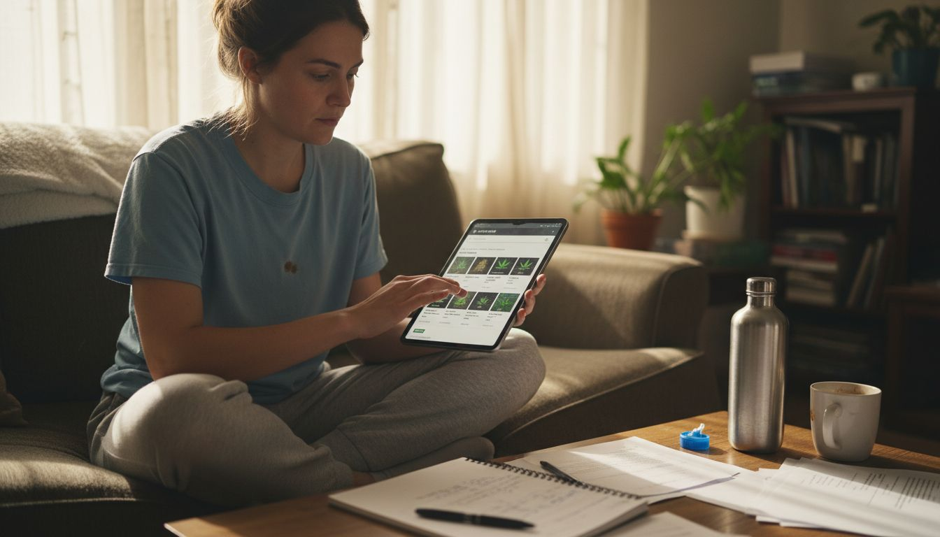 Woman using cannabis product filters on tablet