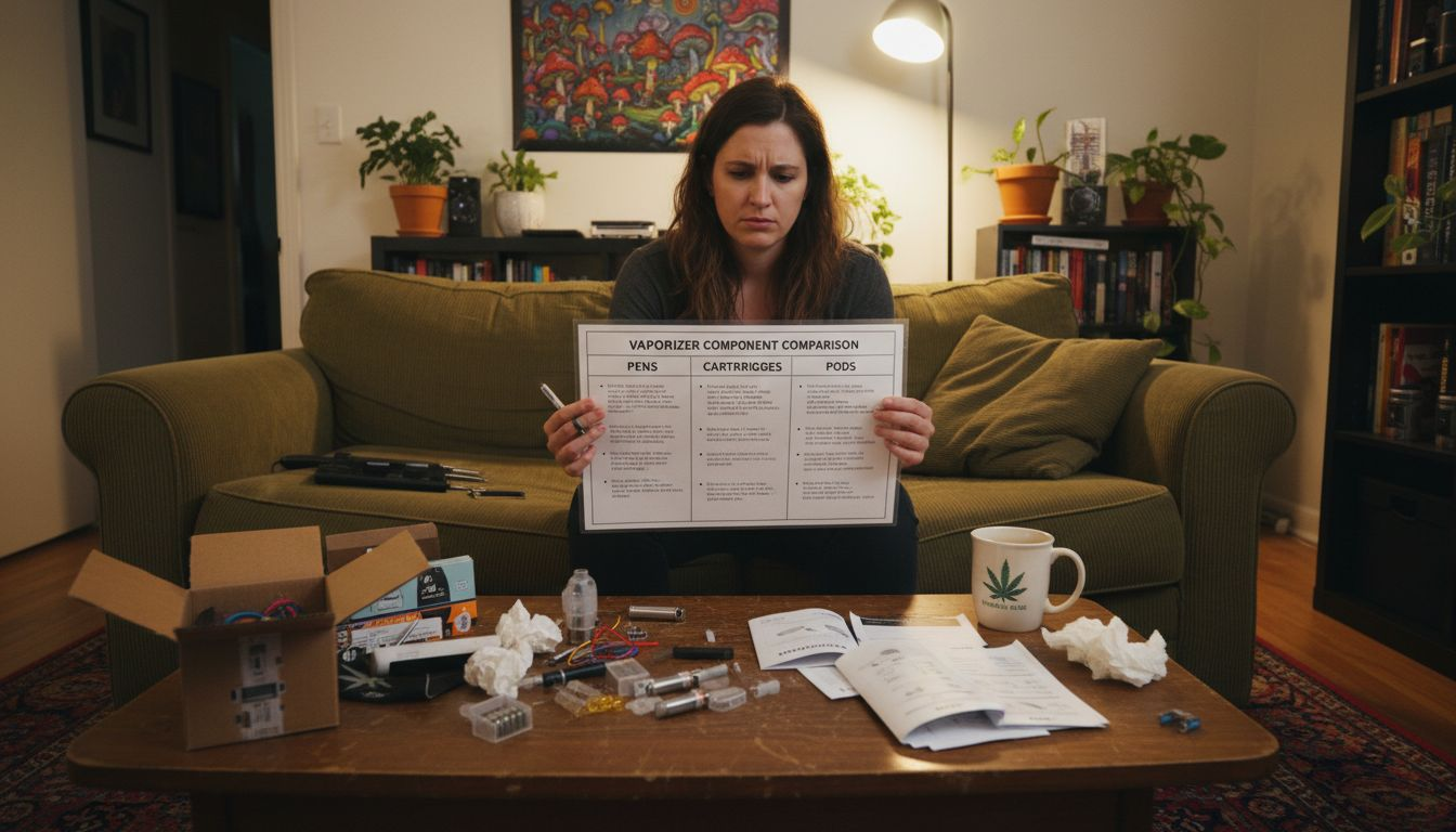 Woman examining cannabis vape comparison chart