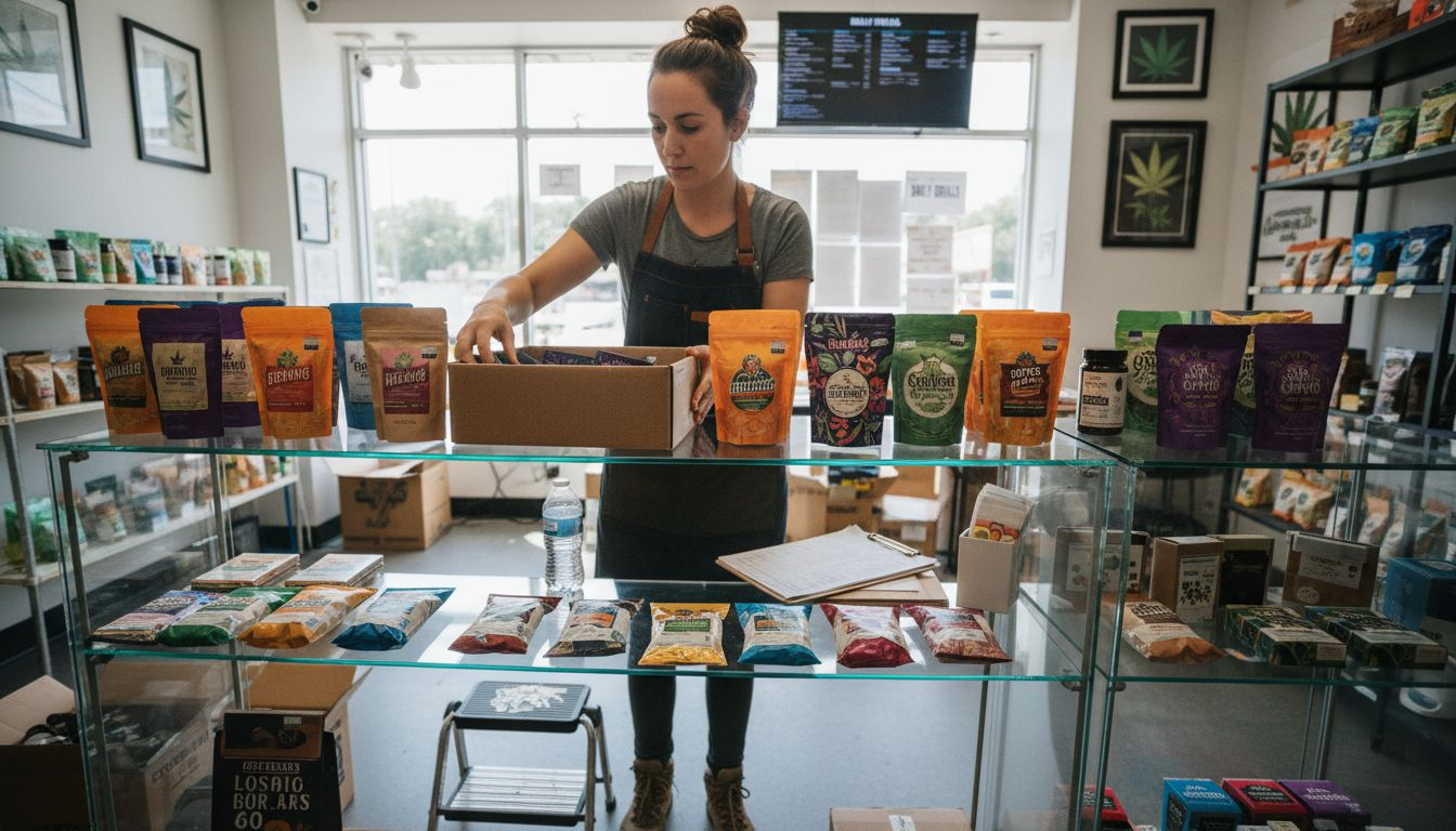 Dispensary worker stocks cannabis product shelves