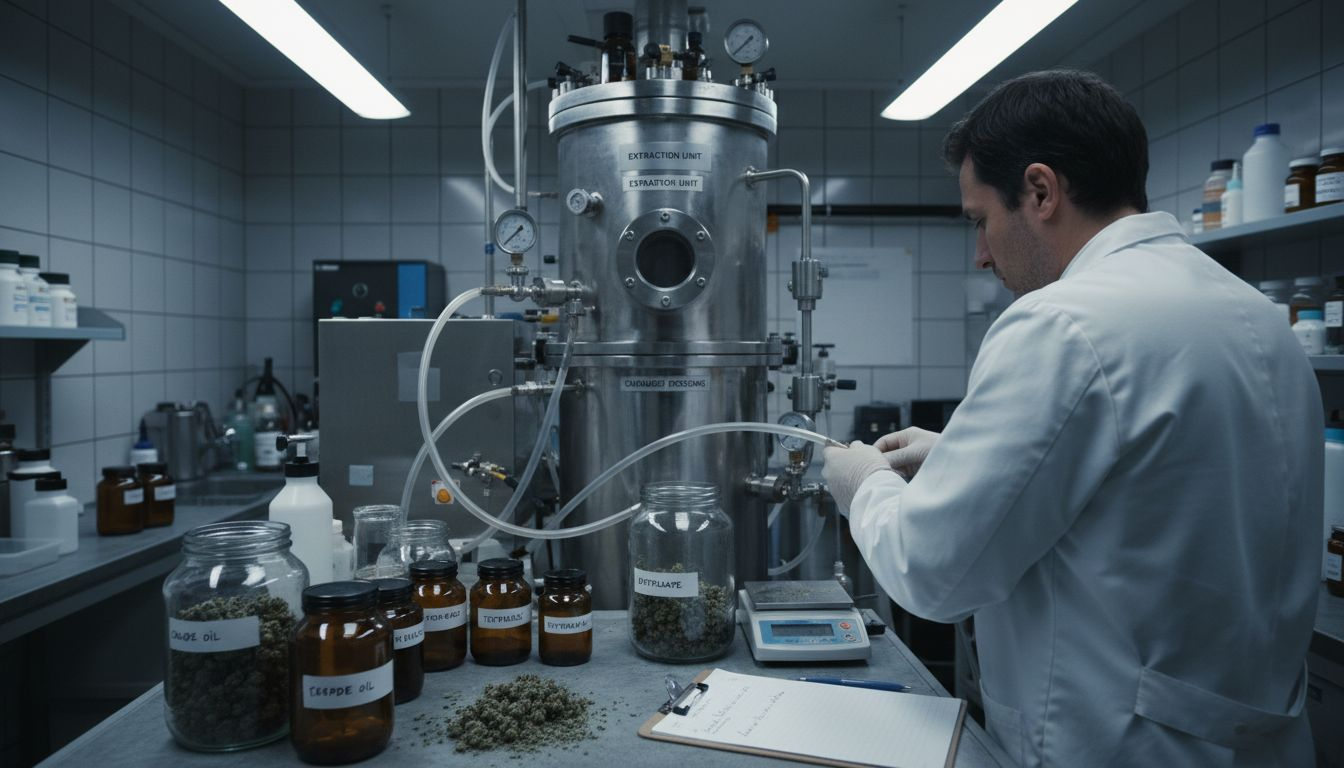 Technician preparing cannabis extraction lab equipment