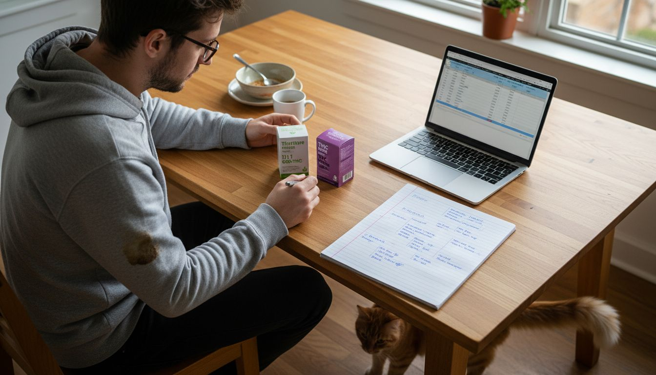 Man comparing cannabis product types at kitchen table