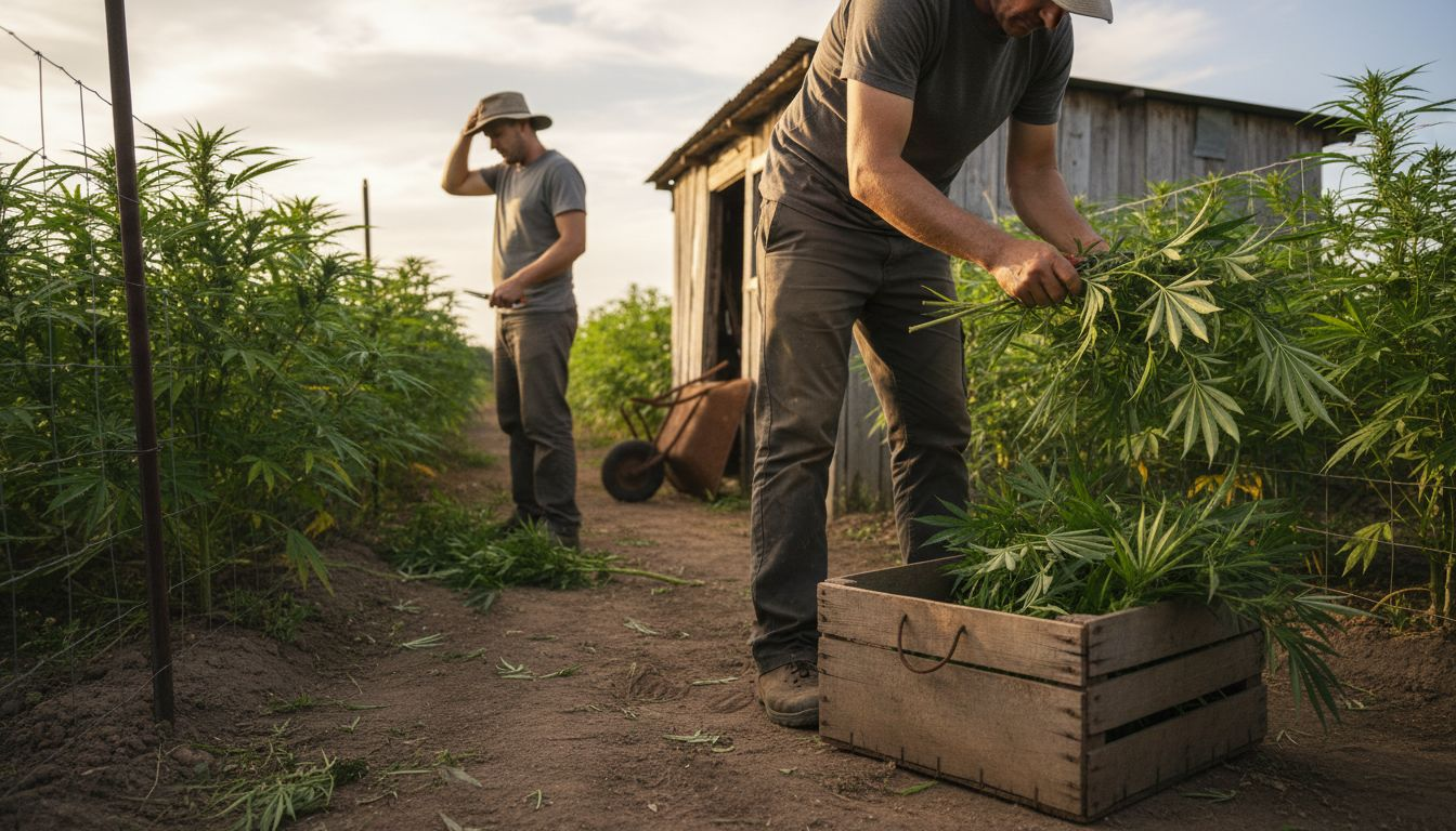 Workers harvesting cannabis on small local farm
